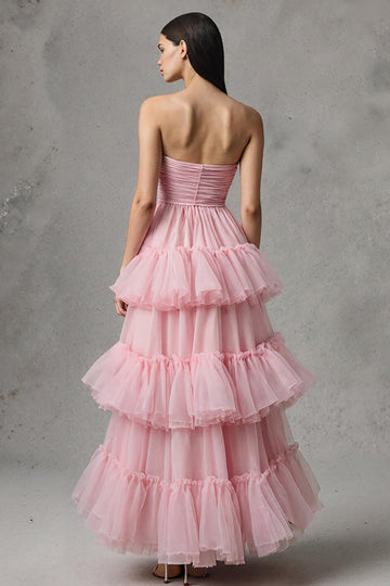 Pink Tulle A Line Tiered Strapless Long Formal Dress with Ruffles